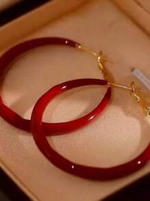 1 Pair Women's Vintage Oversized Geometric Round & Square Hoop Earrings, Fashionable & Versatile - Red - View 8