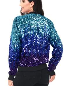 Womens Sequin Long Sleeve Front Zip Jacket With Ribbed Cuffs Bomber For Party - Z-藍色-寶藍-紫色 - 查看 2