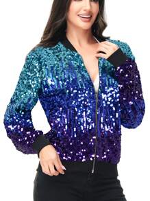 Womens Sequin Long Sleeve Front Zip Jacket With Ribbed Cuffs Bomber For Party - Z-藍色-寶藍-紫色 - 查看 3