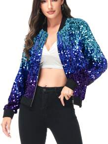 Womens Sequin Long Sleeve Front Zip Jacket With Ribbed Cuffs Bomber For Party - Z-藍色-寶藍-紫色 - 查看 1