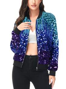 Womens Sequin Long Sleeve Front Zip Jacket With Ribbed Cuffs Bomber For Party - Z-藍色-寶藍-紫色 - 查看 4