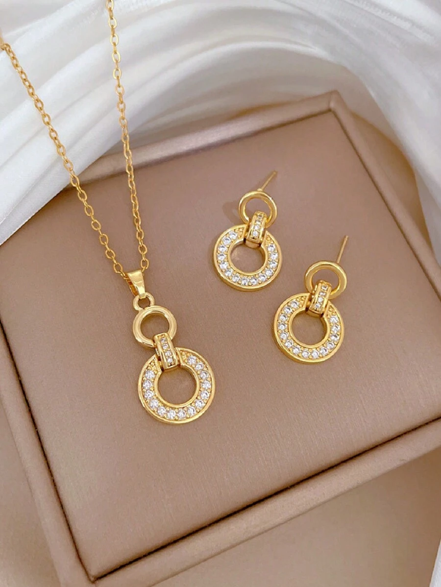 1pc Stainless Steel Chain Necklace And Earrings Set, Luxury Rhinestone Interlock Pendant And Earring Jewelry Gift - Gold - View 1