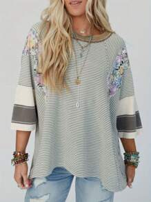 Women's Spring Autumn Loose Tops 3/4 Sleeve Round Neck Floral Print Striped T-Shirt - 灰色 - 查看 1