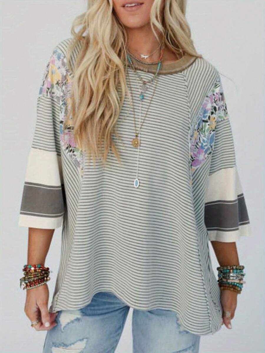Women's Spring Autumn Loose Tops 3/4 Sleeve Round Neck Floral Print Striped T-Shirt - 灰色 - 查看 1