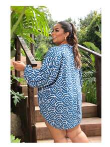 Plus Size 2-Piece Shorts And Kimono Set - Printed Blue - View 2