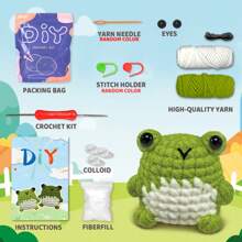 Set de 2 piezas de ganchillo con diseño de rana, kit de ganchillo de animales para principiantes con ganchos de ganchillo, lana, muñeca y kit de ganchillo de animales positivos con tutoriales en video paso a paso, regalo creativo para festivales y suministros de fiesta de cumpleaños, decoración de arte y artesanía para el hogar (accesorios en color aleatorio)