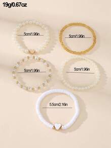 5pcs/Set Girls' Heart Shaped Beaded & Pearl Bracelets - Love - View 3