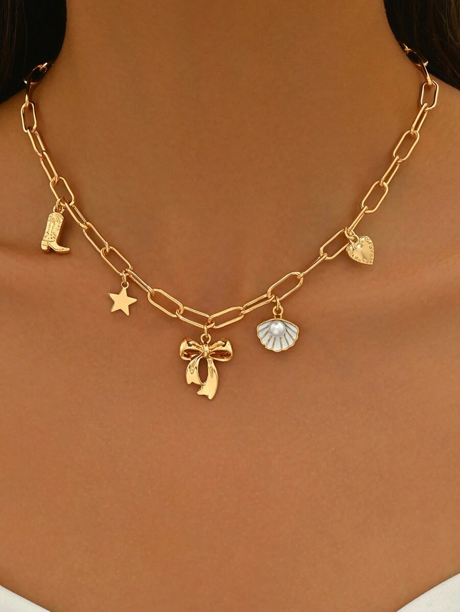 1pc Fashion Bow Seashell Charm Pendant Gold Color Alloy Multi-Pendant Necklace, Suitable For Daily Wear And Travel - Bowknot + Shell - View 1