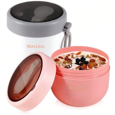 1 件装燕麦杯、早餐杯、带盖和勺子的隔热密封杯、沙拉杯、酸奶杯、带叉子的奶昔杯、耐用防漏容器、便携式水果蔬菜食品杯，适用于户外露营、野餐、学校、办公室、旅行、厨房用品