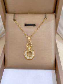 1pc Stainless Steel Chain Necklace And Earrings Set, Luxury Rhinestone Interlock Pendant And Earring Jewelry Gift - Gold - View 3