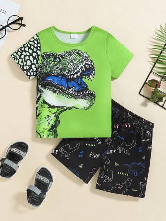 2 件套幼儿男童恐龙印花运动服，牛奶丝面料，适合夏季穿着，运动衫和运动裤套装
