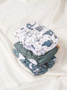 3 piezas Pañales de tela para bebé impermeables, lavables y ajustables con forro de gamuza de secado rápido y estampado de dinosaurios - Multicolor - Ver 7