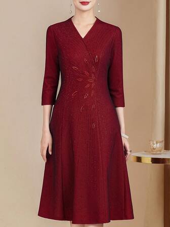 Luxury Beaded & Rhinestone V-Neck Formal Dress Gown, 3/4 Sleeve Elegant Lady Dress, Suitable For Weddings, Business, Ceremonies, Engagements, Holidays, Social Events, Parties, Birthdays, Christmas, Thanksgiving, Spring Festival, New Year