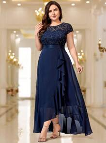Plus Sequin Floral Lace Chiffon Ruffle Split Thigh Formal Party Long Dress Elegant Prom Evening Wedding Guest Gown, For Graduation, Dinner