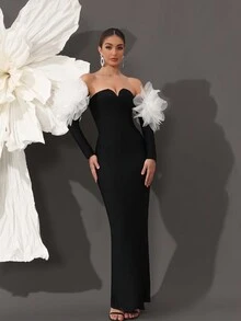Solid Color V-Neck Bandage Bodycon Dress, Sexy Elegant Luxury Evening Gown, Fashion For Party And Banquet - Black - View 3