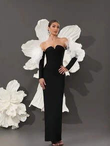 Solid Color V-Neck Bandage Bodycon Dress, Sexy Elegant Luxury Evening Gown, Fashion For Party And Banquet - Black - View 4