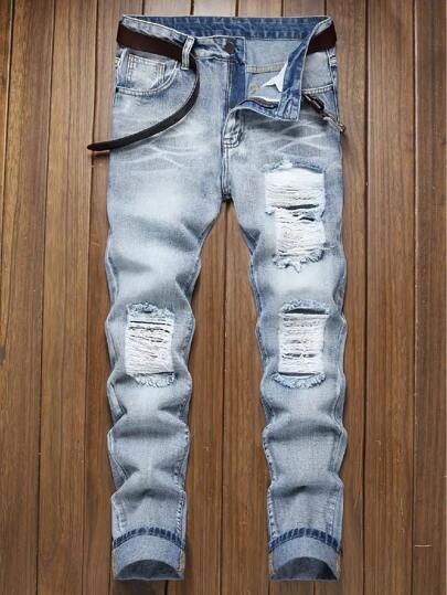 Men's Fashionable Casual Distressed Denim Jeans, Minimalist And Versatile For Daily Wear