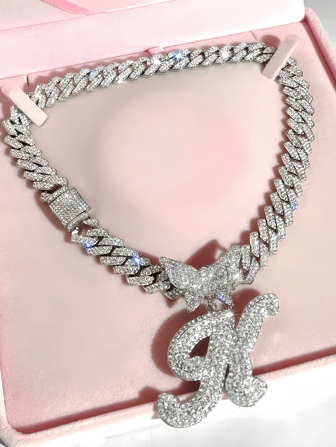 银色女士项链 - 2 件 A-Z 冰花蝴蝶字母项链手链女士礼品套装，菱形链，草书字母珠宝带礼物