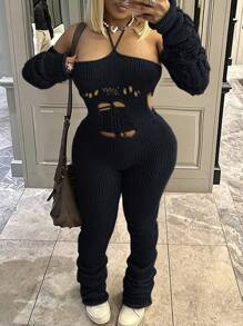 Mono de punto ajustado y sexy con espalda descubierta y manga tipo mangas sueltas, para primavera