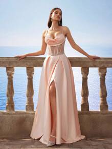 Julchic barock homecoming-klänning, exklusiv satinklänning med spaghettiband och sjöjungfrumönster, fransk brudtärneklänning, aftonklänning för fest - Babyrosa - Visa 8