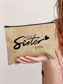 1 Set "BEST SISTER EVER" Pattern Black & Khaki Tote Bag With Khaki Cosmetic Bag, Large Capacity Dual-Color Tote Bag, Gift For Sister's Birthday - Khaki - View 3
