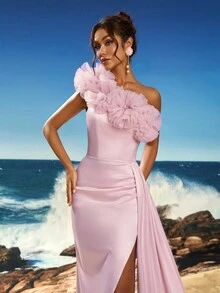 Anymoon 花卉装饰高腰开叉美人鱼伴娘礼服