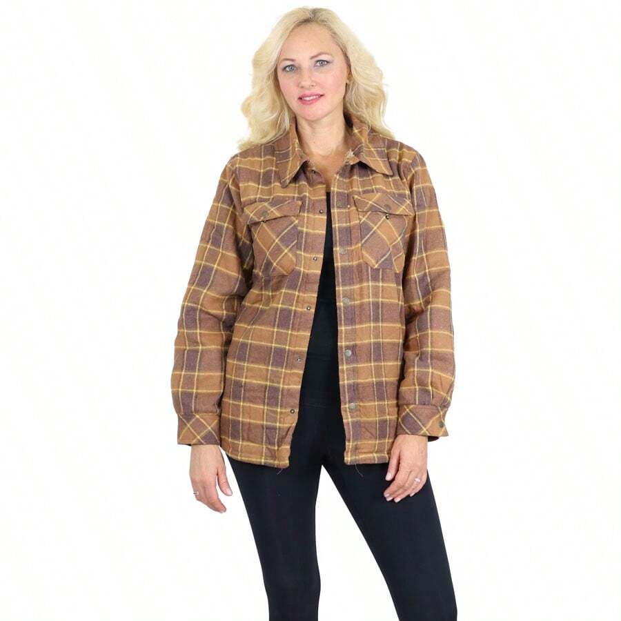 Chaqueta camisa de mujer con forro Sherpa de ajuste holgado - Mostaza - Ver 1