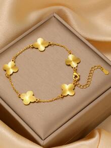 1 Set Stainless Steel Four-Leaf Clover Shaped Bracelet, Fashionable & Personalized, Suitable For Daily Wear, Couples, Formal Events, Parties, And Gifts - Multicolor - View 2