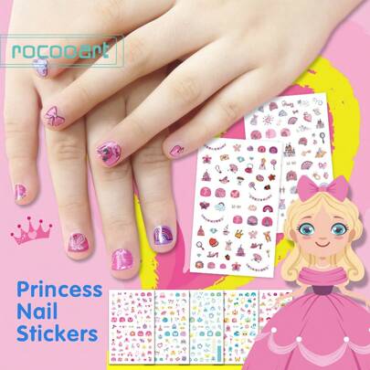 1 件儿童卡通公主美甲贴纸，适合 3-6 岁儿童，包含蝴蝶、城堡、独角兽、魔杖等可爱元素，具有甜美童话风格，采用大豆墨水制成，适合亲子互动、居家、户外、派对、生日礼物、课堂奖励