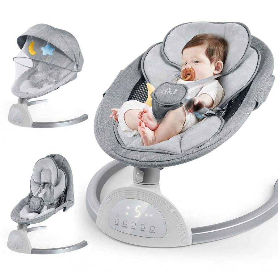 Portable Baby Swings For Infants, Infant Swing With Music Speaker With 3 Seat Positions, 5 Point Harness Belt, 5 Speeds - Grey - View 1