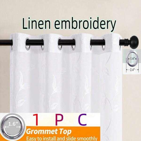 1 Stück transparenter Leinen Gardine mit Stickerei, Grau & Weiß Design mit Ösen oben, für Wohnzimmer & Schlafzimmer, leicht filternde Heimdekoration
