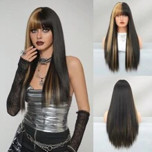 AKAKO 黑色假发带刘海混合金色挑染长直发假发女士时尚柔软合成耐热纤维假发适合日常派对角色扮演万圣节使用 26 英寸 - 挑染金色 - 查看 12