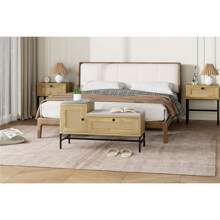 Rattan Shoe Bench With Linen Seat Cushion, Entryway Bench With Storage Cabinet, Wooden Storage Bench For Hallway And Bedroom, Natural Oak