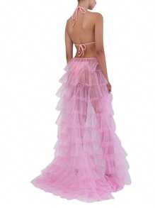Women Tulle Skirt, Solid Color Mesh Tied-Up Irregular Floor-Length Party Skirt For Wedding Guest, Dinner, Cocktail Party - Hồng - Xem 3