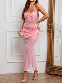 Vestido Midi com Recorte Floral Sem Costas para Mulheres, Vestido de Verão Sexy de Tule Justo com Bainha Sereia