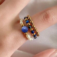 Juego de 3 anillos de mujer con piedras naturales y perlas falsas, de acero inoxidable minimalista de alta gama, apropiado para uso diario, vacaciones, boda y fiesta