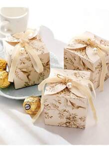 10/50/20个装婚礼装饰盒，配天鹅绒丝带、珍珠、花卉图案，生日派对礼品包装盒，可折叠 - 香檳20pcs - 查看 6