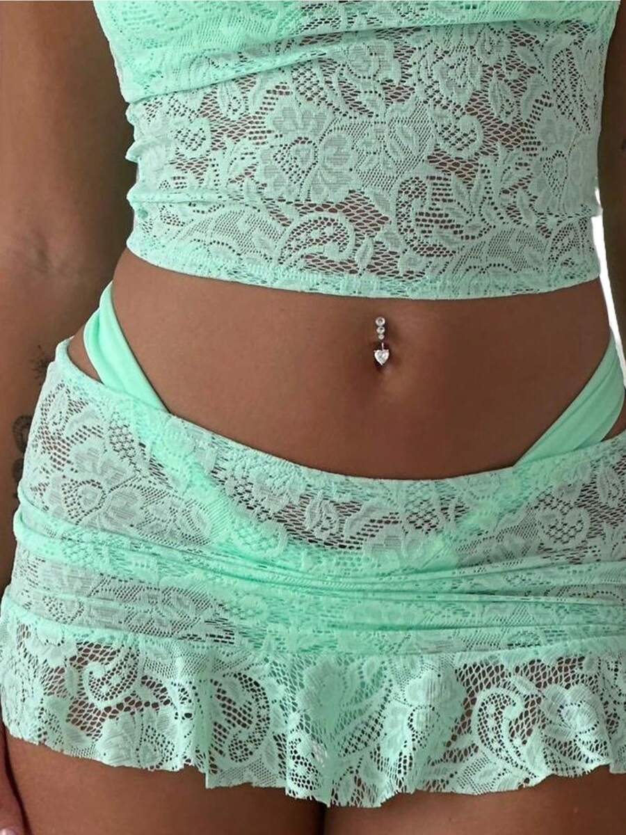 Women's Lace Mini Skirts Casual Low Waist Solid Color See Through Ruffle Skirts Bikini Coverup Skirts