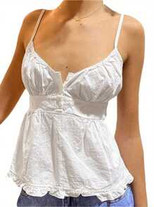 Camiseta de mujer de verano informal con cuello en V profundo, sin mangas, volantes en el bajo y de un solo tirante, en colores lisos o a cuadros