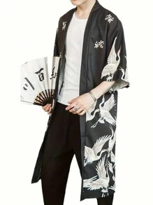 Fashionable Lightweight Cape, Japanese Style Spring/Summer Crane Embroidery Mid-Length Kimono , Unisex Thin Casual Outerwear Coat Open Stitch Vintage Inspired Element - Black - View 4