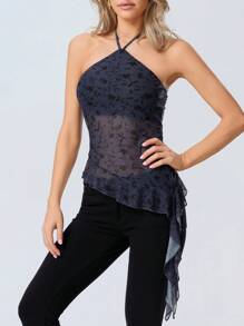 Women's Halter Tops Slim Fit See Through Sleeveless Backless Irregular Hem Flower Print Crop Tops For Summer - Black - View 5