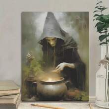 1pc Wooden Framed Canvas PaintingArt Deco Style Witch Halloween Wall Art Canvas Print, Green Witch Brewing Potion Decor, Spooky Ghost Night Themed Canvas For Home, Living Room, Balcony, Party