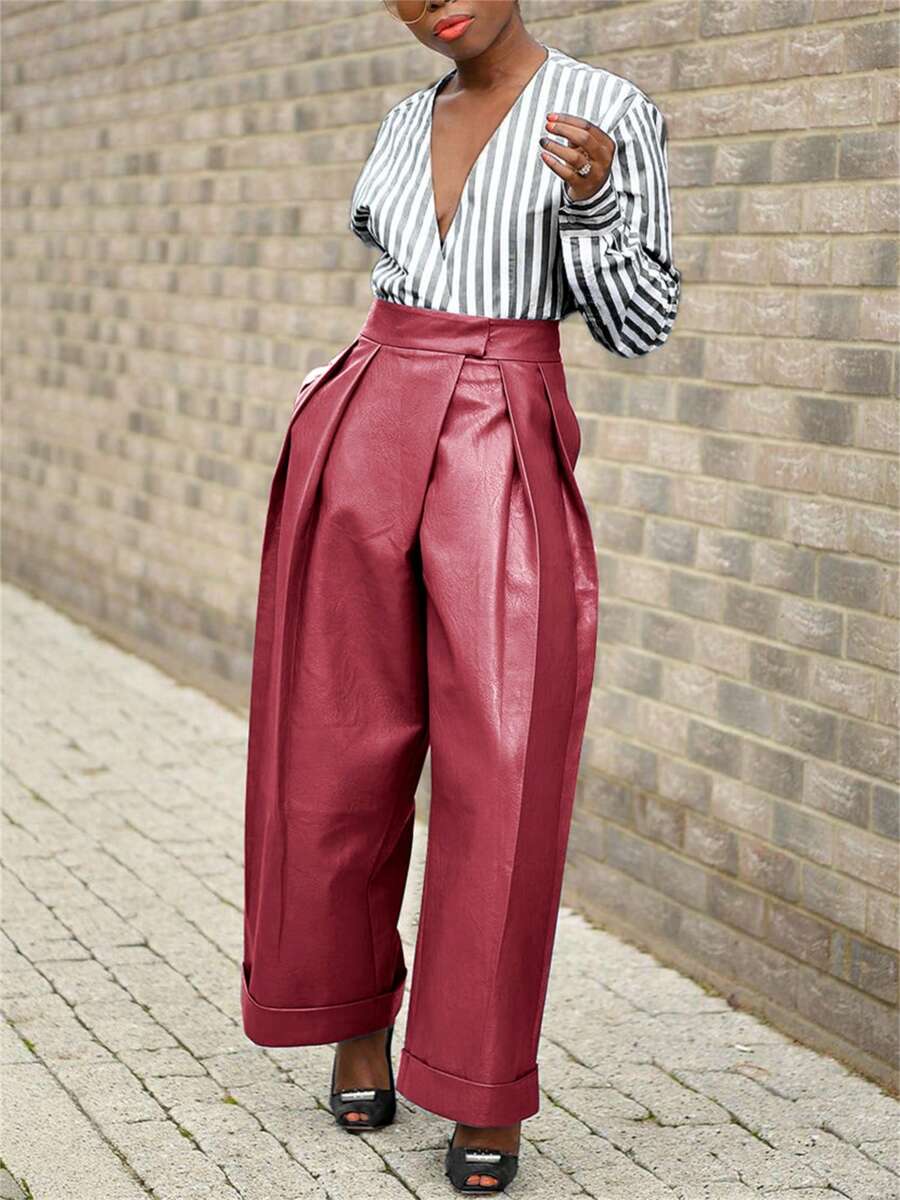 GLOURI PU Leather Baggy Pants With Pocket For Women, Pleated, Casual And Chic Style, Fall Winter 2026, Prefect For Work And Weekend Casual - 酒紅色 - 查看 1
