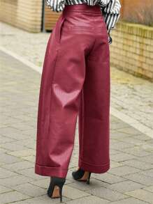 GLOURI PU Leather Baggy Pants With Pocket For Women, Pleated, Casual And Chic Style, Fall Winter 2026, Prefect For Work And Weekend Casual - 酒紅色 - 查看 4