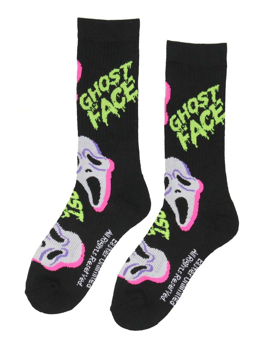 Ghostface Movie Film Neon Paint Character Halloween Crew Socks Size 8-12 - 黑色 - 查看 1