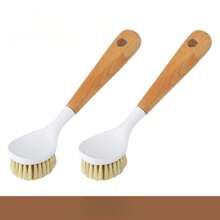 Steel Wool Household Long-Handled Dishwashing Pot Non-Stick Oil Wooden Handle Pot Brush Kitchen Multi-Function Cleaning Brush Sponges, Kitchen Dish Brush Bamboo Handle Dish Scrubber Built-In Scraper, Scrub Brush For Pans, Pots, Kitchen Sink Cleaning, Dishwashing And Cleaning Brushes Are Perfect Cleaning Tools, White