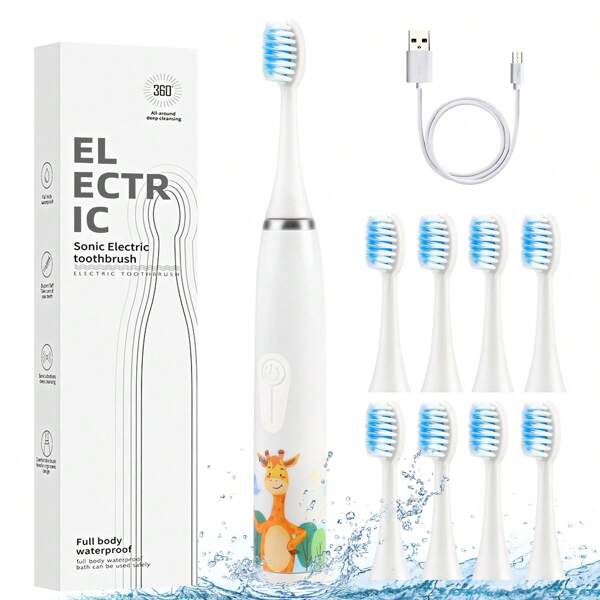 Cepillo de Dientes Eléctrico para Niños,5 Modos 8 piezas de Cabezales de Repuesto, Puerto USB, Batería de Larga Duración, para El Cuidado Bucal Diario de Los Niños