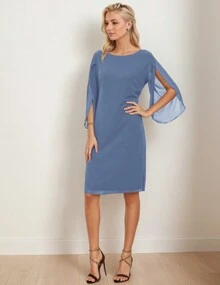 hoteel Elegant Chiffon Straight Dress Crew Neck Flutter Split Sleeve Party Wedding Cocktail Midi Dress, Woman's Clothing - 淺藍色 - 查看 3