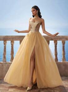 Luxury Gold Cinched Waist Mesh Maxi Ball Gown Bridesmaids Dress For Women - Gold - View 5