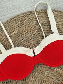 Nuevo Llegado Oficial Polovedo Primavera/Verano Traje de Baño Bikini de Mujer Elegante Sexy con Empalme Rojo y Blanco, para Playa, Vacaciones, Fiesta y Citas - Rojo - Ver 4